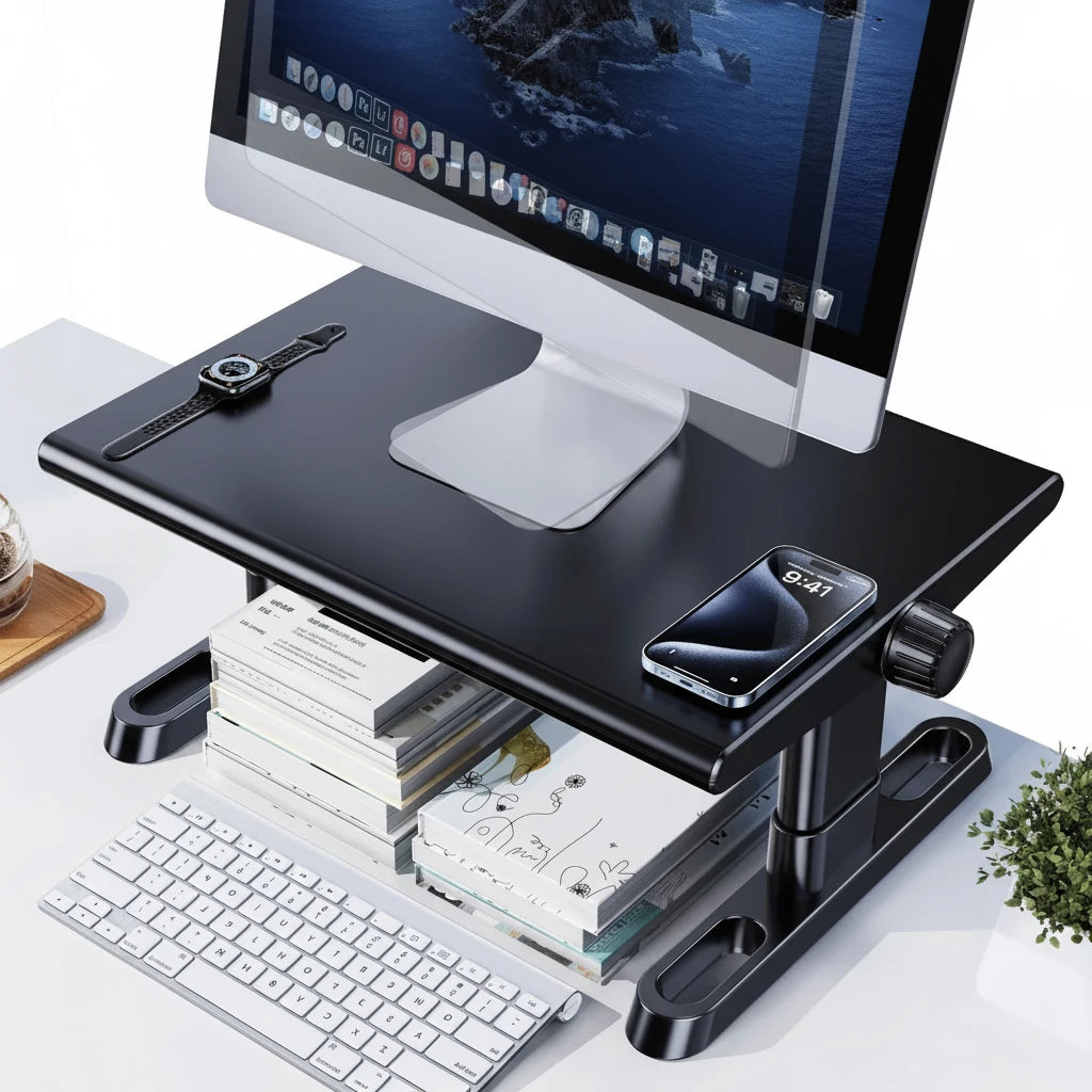 Flexibler Monitorständer für den Schreibtisch mit 360° Rotation und stufenloser Höhenverstellung für eine ergonomische Bildschirmposition und mehr Komfort beim Arbeiten, Lernen oder Gaming. Er lässt sich individuell anpassen, unterstützt eine gesunde Körperhaltung und reduziert Nackenbelastung. Die stabile Konstruktion sorgt für sicheren Halt von Monitor, Laptop oder TV-Geräten, während das kompakte Design ideal für einen aufgeräumten Arbeitsplatz im Homeoffice oder Büro ist.