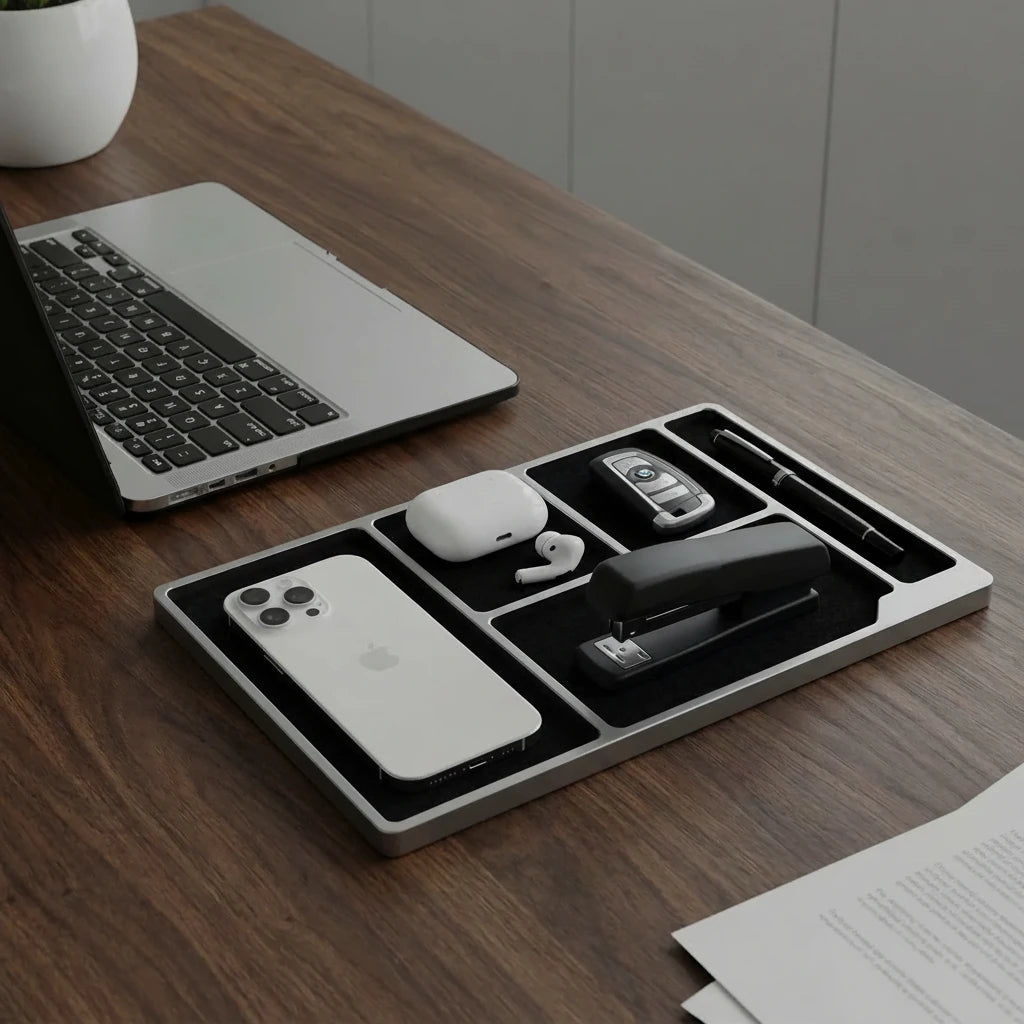 Aluminium-Aufbewahrungstablett mit mehreren Fächern für eine ordentliche Organisation von Schreibtisch, Schubladen oder Eingangsbereich. Der stabile Metallrahmen mit weicher Innenausstattung schützt kleine Gegenstände wie Smartphone, Kopfhörer, Schlüssel, Uhren oder Büroartikel. Praktische Unterteilung sorgt für schnellen Zugriff und mehr Ordnung im Alltag – ideal für Homeoffice, Büro und Zuhause.