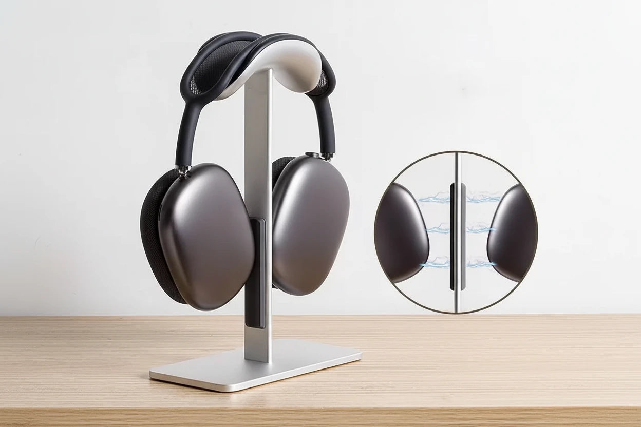 Eleganter Kopfhörerständer aus Aluminiumlegierung für sichere Aufbewahrung von Over-Ear-Headsets wie AirPods Max. Stabiler Desktop-Stand mit rutschfesten Silikonpads – ideal für Schreibtisch, Gaming-Setup oder Homeoffice
