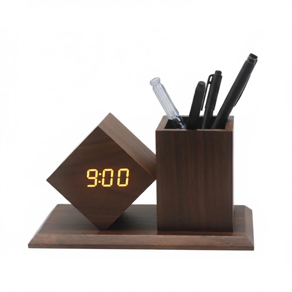xModerne Holz-Digitaluhr mit integriertem Stiftehalter für mehr Ordnung auf dem Schreibtisch. Das 3-in-1 Design kombiniert LED-Uhr, Organizer und Stiftehalter in einem platzsparenden Gehäuse. Mit USB- oder Batteriebetrieb, natürlicher Holzoptik und praktischer Aufbewahrung ist sie ideal für Homeoffice, Büro oder Arbeitszimmer.
