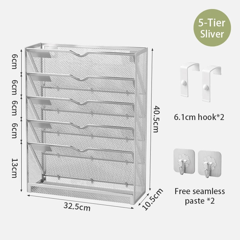 5-Tier Dokumentenorganizer aus stabilem Metall-Mesh für Büro und Homeoffice. Platzsparende Briefablage mit vertikalem Design für strukturierte Aufbewahrung von Dokumenten, Ordnern und Unterlagen – freistehend oder zur Wandmontage geeignet.