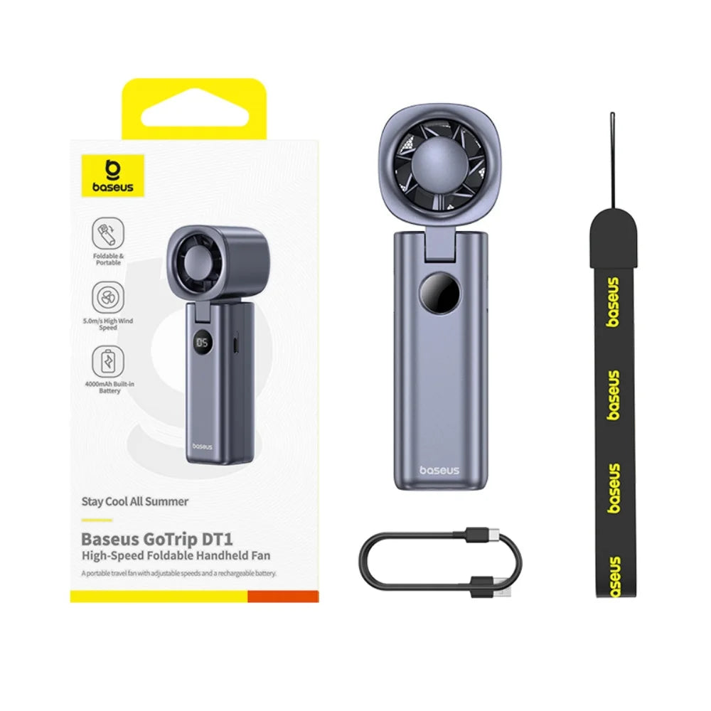 Kompakter, tragbarer Handventilator mit 5 Geschwindigkeitsstufen und starkem Luftstrom bis 5 m/s. Leicht, faltbar und mit 4000-mAh-Akku für lange Laufzeit – ideal für Büro, Reisen und unterwegs.