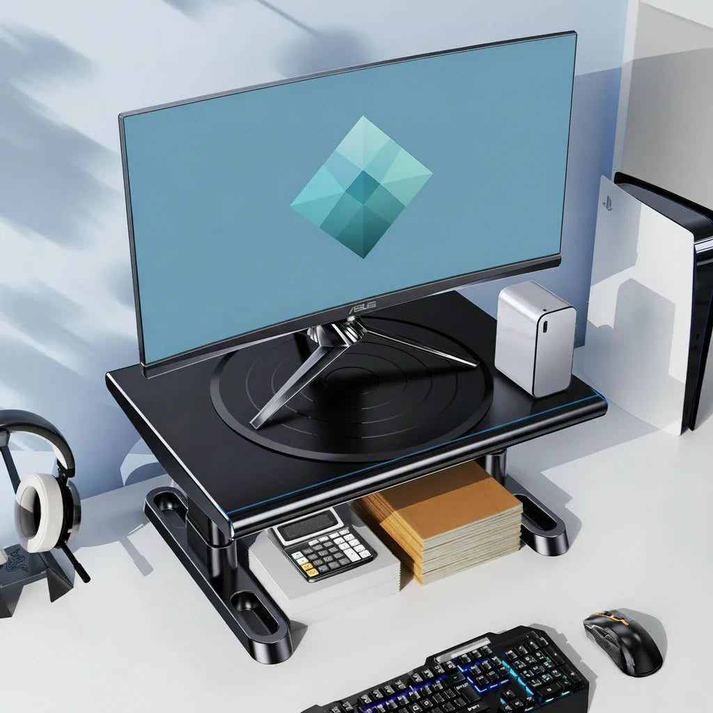 Flexibler Monitorständer für den Schreibtisch mit 360° Rotation und stufenloser Höhenverstellung für eine ergonomische Bildschirmposition und mehr Komfort beim Arbeiten, Lernen oder Gaming. Er lässt sich individuell anpassen, unterstützt eine gesunde Körperhaltung und reduziert Nackenbelastung. Die stabile Konstruktion sorgt für sicheren Halt von Monitor, Laptop oder TV-Geräten, während das kompakte Design ideal für einen aufgeräumten Arbeitsplatz im Homeoffice oder Büro ist.