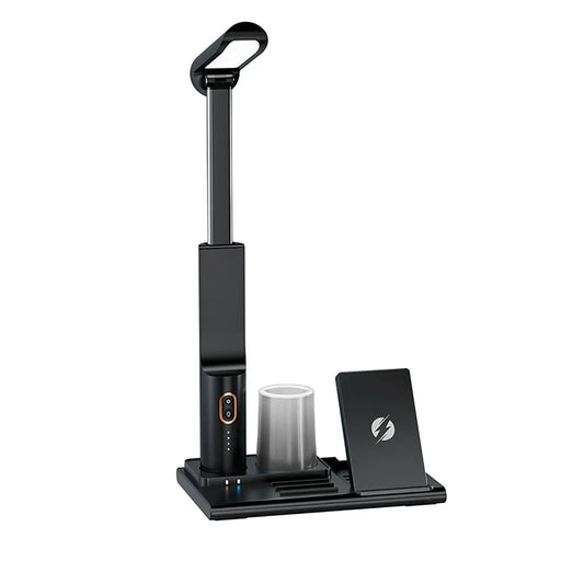Schreibtischlampe mit Wireless Charging – mehr Komfort im Home Office
Diese smarte LED Lampe vereint Beleuchtung, kabelloses Laden und Organisation in einem modernen Design. Dank verstellbarem Licht, Smartphone-Halterung und integriertem Ladegerät ist sie perfekt für einen produktiven und aufgeräumten Arbeitsplatz im Home Office.
