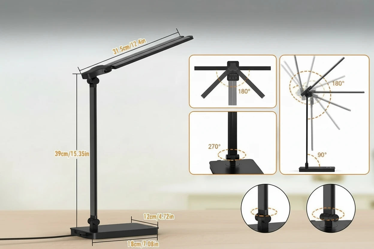 Dual-Head LED Schreibtischlampe mit flexiblem 180° Schwenkarm, 5 Farbmodi und 10 Helligkeitsstufen für optimale Arbeitsplatzbeleuchtung. Augenschonendes Licht, Touch-Steuerung und USB-Ladeports – ideal für Büro, Homeoffice, Studium oder Lesen.