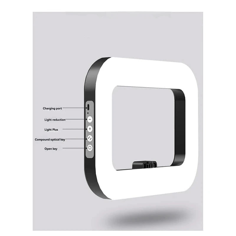 Tragbares Ring-LED-Licht für Homeoffice & Streaming – Stufenlos einstellbare Farbtemperatur (2500K–8500K), dimmbare Helligkeit (20–100 %) und CRI 96+ für natürliche Farben. Blendfreies Softlicht, ideal für Video-Meetings, Livestreams, Selfies und professionelle Content Creation mit Smartphone oder Kamera.