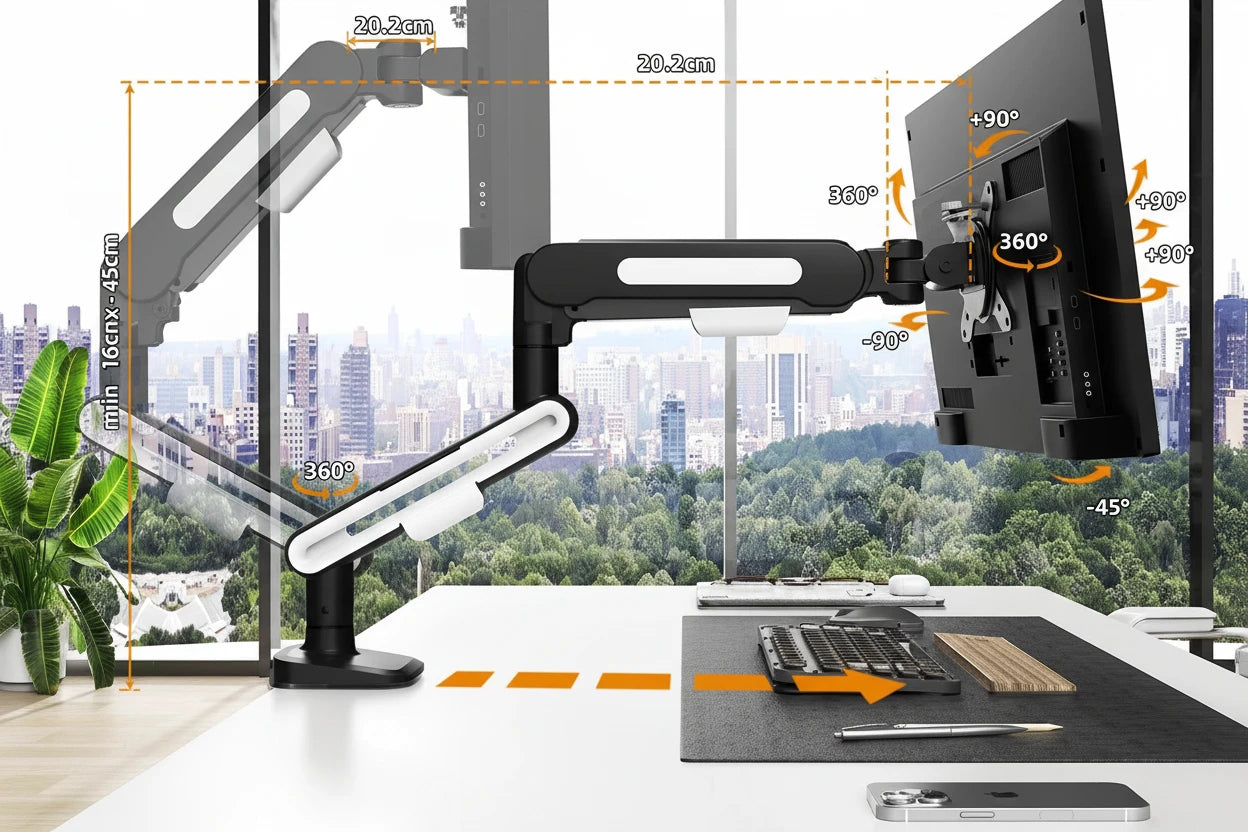 Höhenverstellbare Monitorhalterung mit Gasdruckarm für ergonomisches Arbeiten. Geeignet für 13–32 Zoll Monitore, stabil, flexibel einstellbar und platzsparend – ideal für Büro, Homeoffice und Gaming.