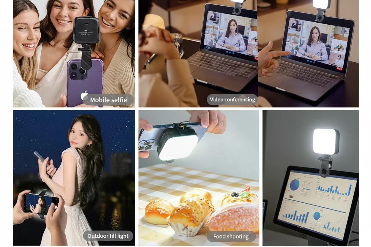 Kompaktes LED-Fülllicht mit Bi-Color Beleuchtung für Fotos, Videos und Vlogs. Mit Cold-Shoe-Anschluss und Clip-Befestigung für Kamera, Smartphone oder Laptop – ideal für Content Creation, Livestreams und Fotografie
