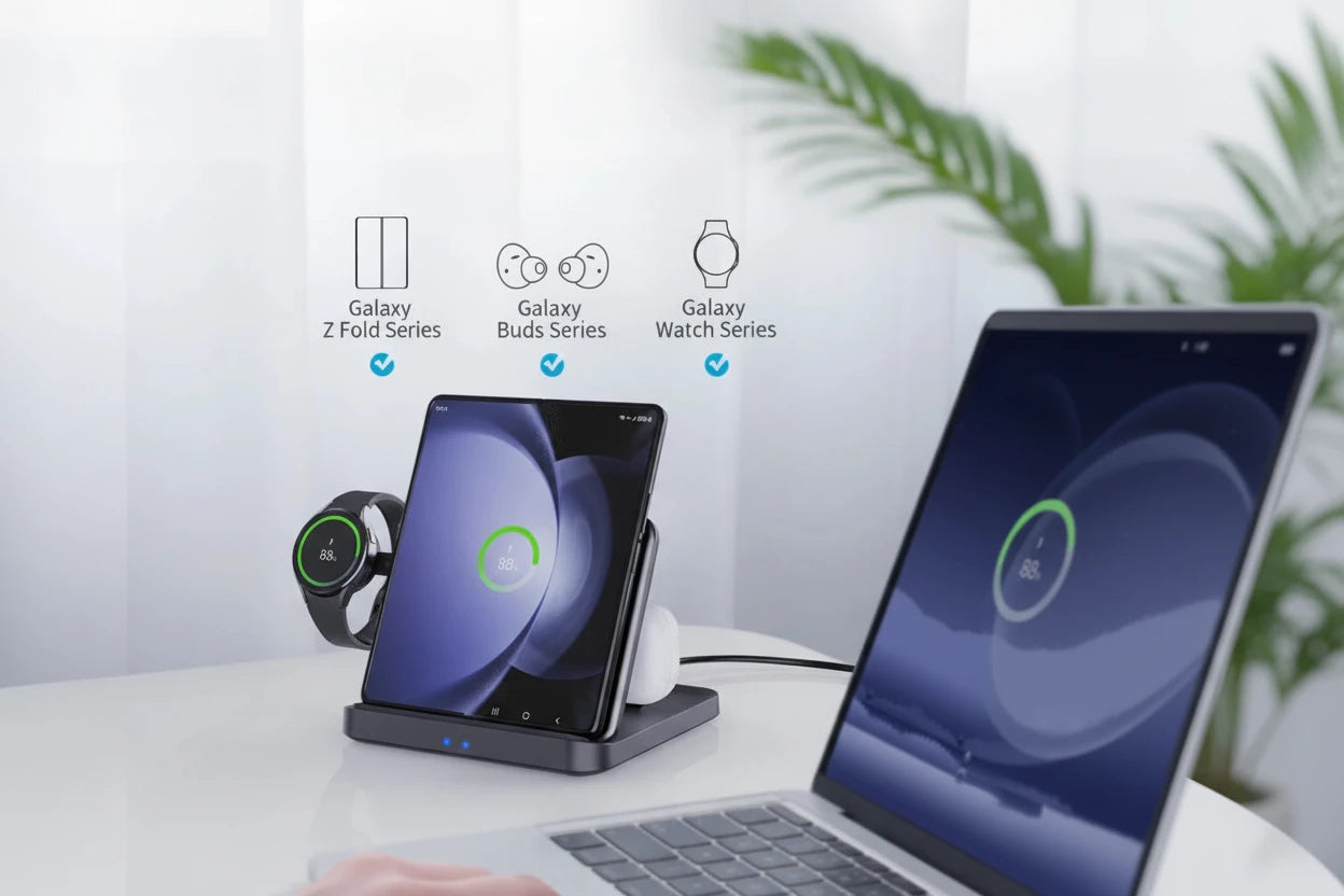 3-in-1 Wireless Charger für Samsung Galaxy Smartphone, Watch & Buds – kabellos, schnellladend, kompakt und ideal für Büro, Zuhause oder Reisen.