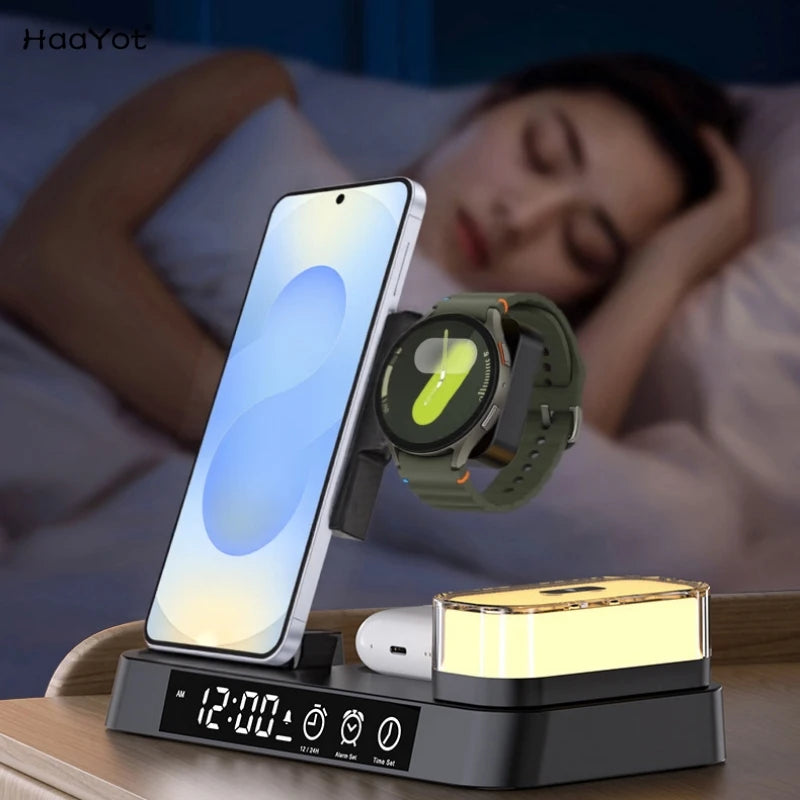 5-in-1 kabellose Ladestation für Samsung Galaxy Watch, Galaxy Smartphones, Galaxy Buds und iPhone 15/16. Mit digitalem Wecker, 5-Farben-Nachtlicht, tragbarem, faltbarem Design und einfachem kabellosen Laden – perfekt für Zuhause, Büro oder unterwegs.