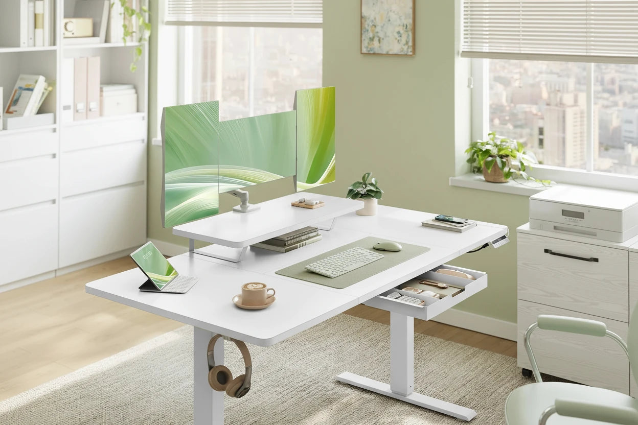 Elektrischer Schreibtisch mit Monitorständer und Stauraum – perfekt für dein Home Office
Dieser höhenverstellbare Schreibtisch bietet dir maximale Flexibilität zwischen Sitzen und Stehen. Mit großer Arbeitsfläche, integriertem Monitorständer und praktischer Schublade schaffst du ein organisiertes und produktives Setup. Ideal für modernes, ergonomisches Arbeiten im Home Office.