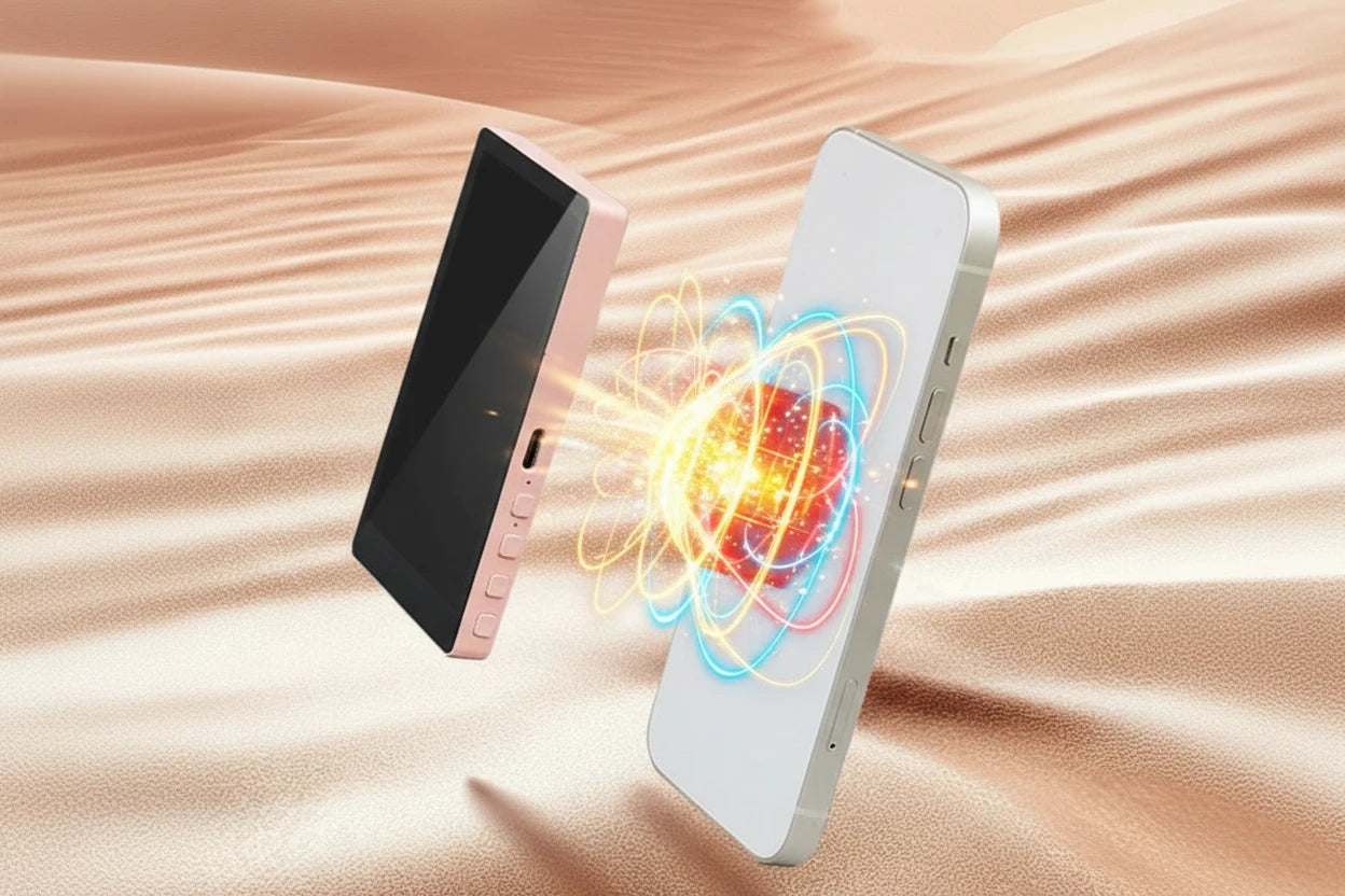 Magnetischer Zusatz-Monitor für Smartphones zur Nutzung der Rückkamera für Selfies, Vlogs und Videoaufnahmen. Flexibel verstellbar, drehbar und einfach zu befestigen – ideal für Creator, Livestreams und hochwertige Aufnahmen.