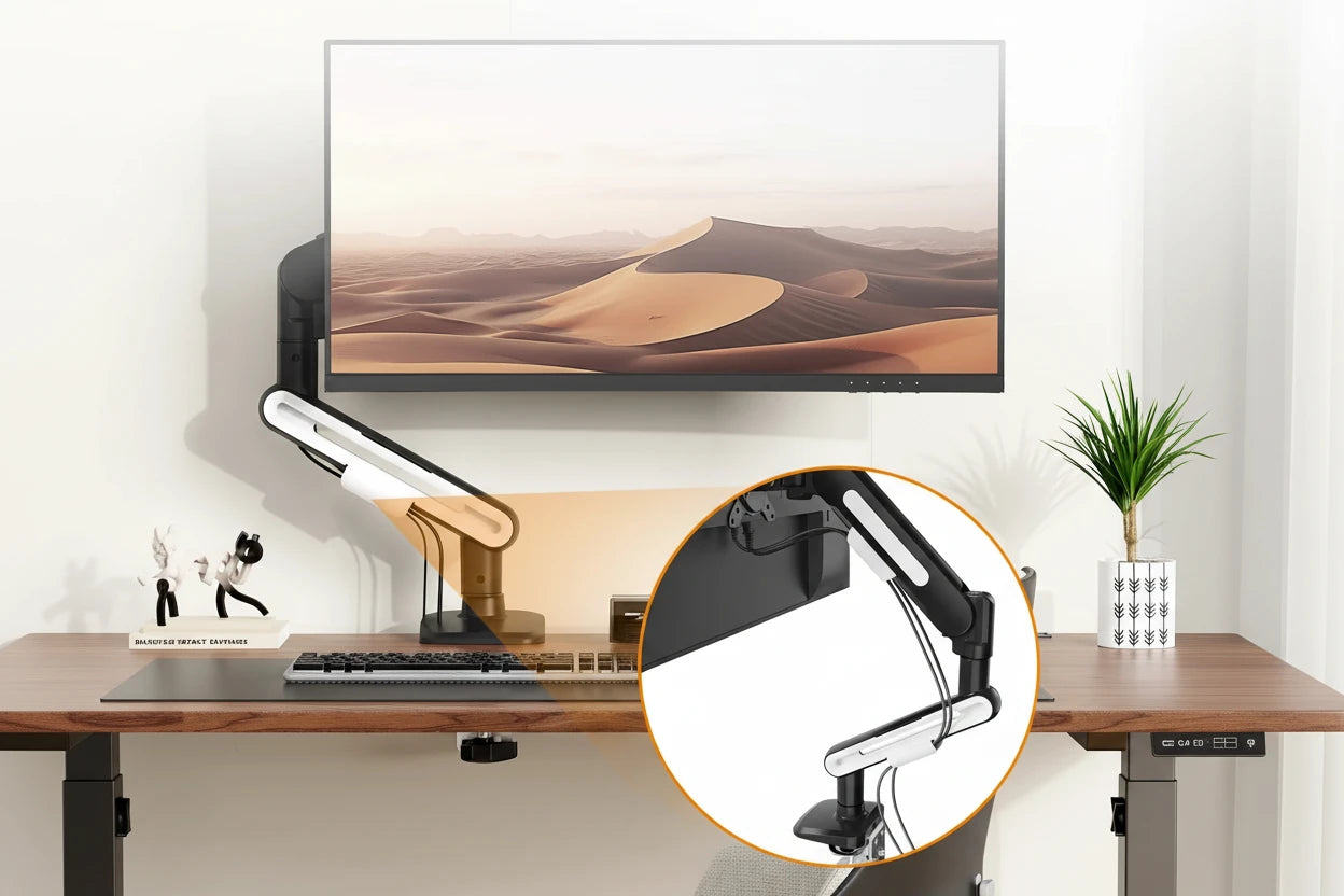 Höhenverstellbare Monitorhalterung mit Gasdruckarm für ergonomisches Arbeiten. Geeignet für 13–32 Zoll Monitore, stabil, flexibel einstellbar und platzsparend – ideal für Büro, Homeoffice und Gaming.