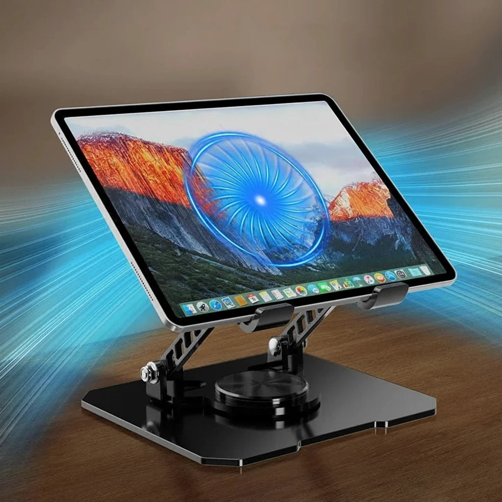 Rotierbarer Laptop- und Tabletständer mit integriertem Lüfter für ergonomisches Arbeiten und effektive Kühlung. Klappbarer 360° Notebook-Ständer aus stabilem Carbonstahl – ideal für Homeoffice, Büro oder unterwegs.