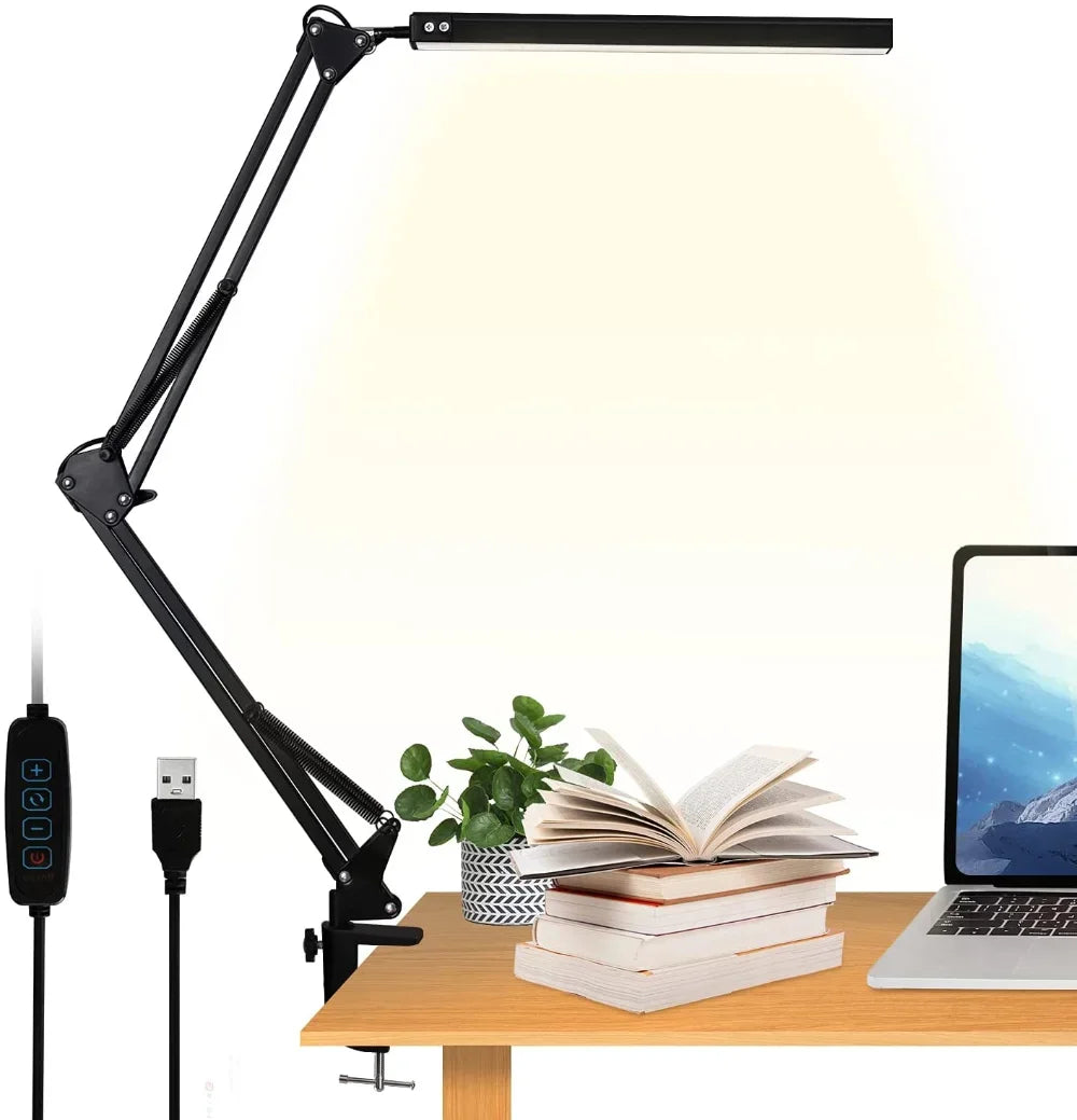 LED Schreibtischlampe mit Klemme & USB-Anschluss – Flexible, flimmerfreie Arbeitsplatzlampe mit 3 Lichtmodi und 10 Helligkeitsstufen. 360° drehbar, platzsparend befestigt und ideal für Homeoffice, Lesen, Nähen oder präzises Arbeiten am Schreibtisch.