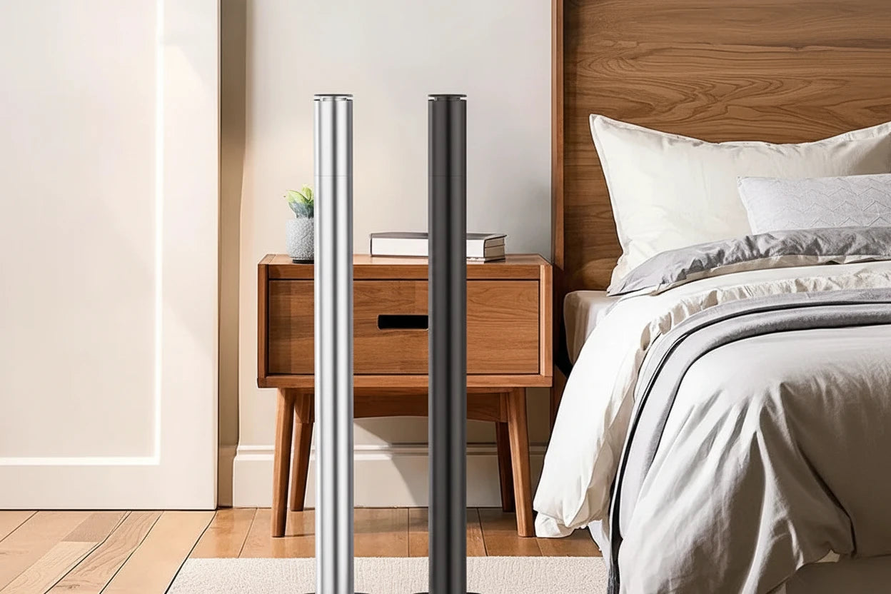 Kabelloser Tower Aroma Diffuser mit wasserloser Technologie für intensive, reine Duftverteilung. Passend für 120-ml-Ölflaschen, leise, effizient und im eleganten Aluminium-Design – ideal für Zuhause, Büro, Hotel oder Spa.