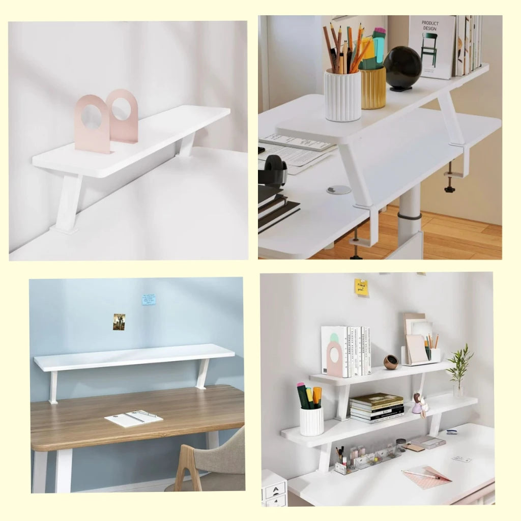 chwebendes Aufsatzregal für Monitor & Schreibtisch mit Tischklemme. Spart Platz, bietet Stauraum für Bücher und Zubehör, stabil und ergonomisch – ideal für Büro, Homeoffice oder Studium.