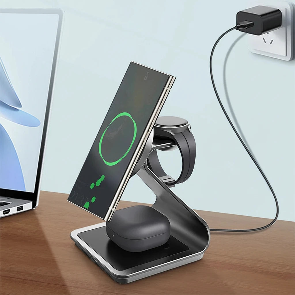Bonola 3-in-1 Wireless Charger Station mit 25W Schnellladung für Samsung Smartphone, Galaxy Watch und Earbuds. Kabelloses Laden mehrerer Geräte gleichzeitig mit magnetischer Ausrichtung, integriertem Stand und modernem Design – ideal für Schreibtisch oder Nachttisch.