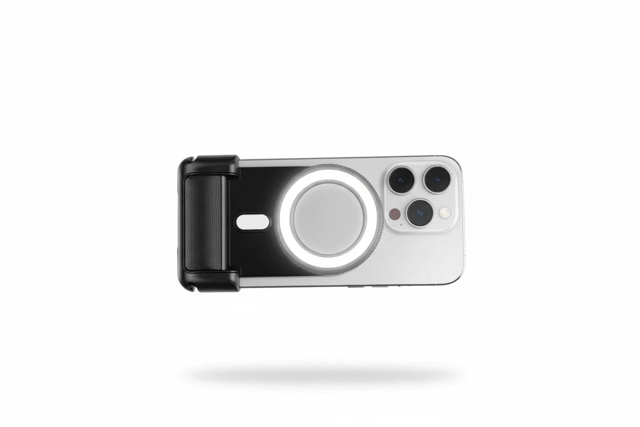 Multifunktionaler Selfie-Grip mit starker Magnetfixierung, Anti-Shake-Technologie und abnehmbarer Bluetooth-Fernbedienung. Mit integriertem Fill-Light für stabile Fotos, Videos und Social-Media-Content – flexibel, kompakt und professionell.