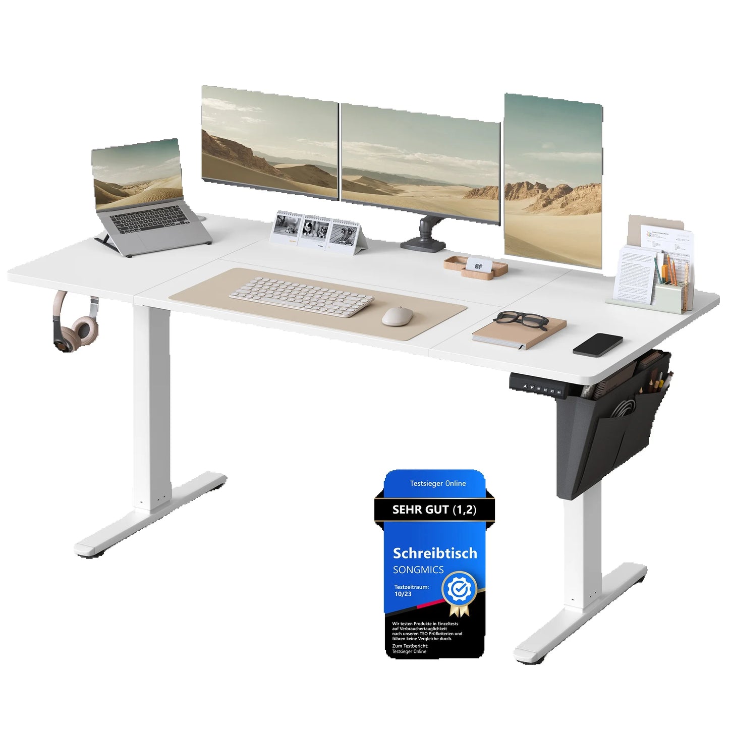 Elektrischer Steh-Sitz-Schreibtisch für Büro, Homeoffice oder Gaming. Leise Höhenverstellung von 72–120 cm mit 4 Speicherpositionen, stabiles Stahlgestell bis 70 kg belastbar und praktisches Kabelmanagement. Ergonomisch, robust und modern.