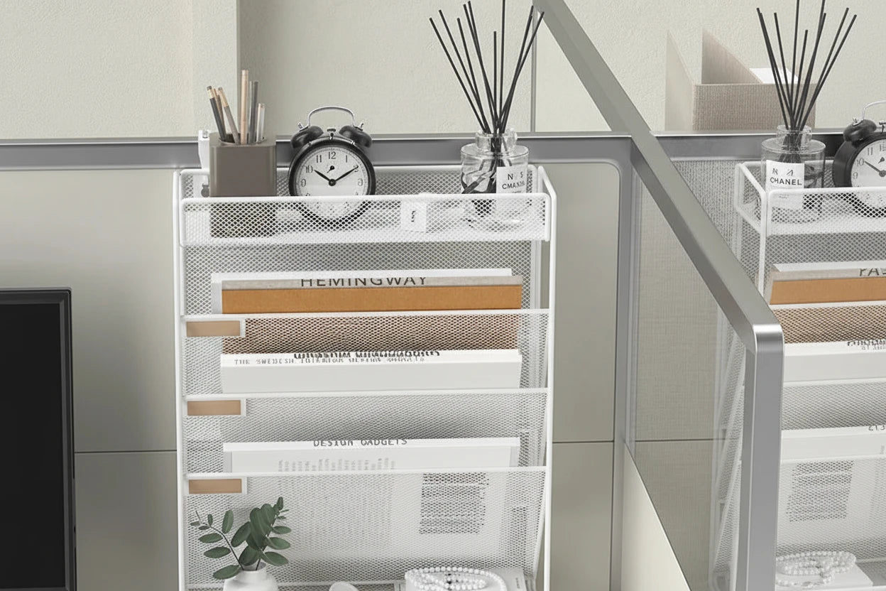 5-Tier Dokumentenorganizer aus stabilem Metall-Mesh für Büro und Homeoffice. Platzsparende Briefablage mit vertikalem Design für strukturierte Aufbewahrung von Dokumenten, Ordnern und Unterlagen – freistehend oder zur Wandmontage geeignet.