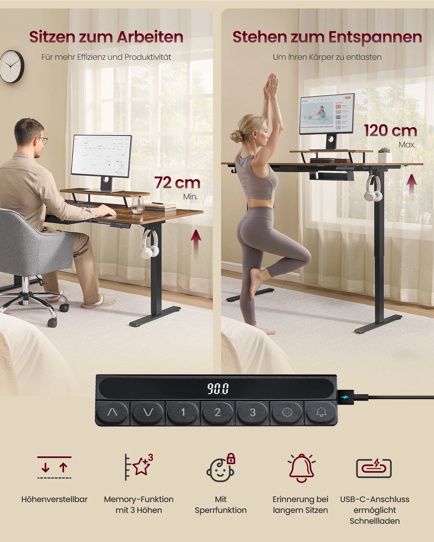 Elektrischer Schreibtisch mit Monitorständer und Stauraum – perfekt für dein Home Office
Dieser höhenverstellbare Schreibtisch bietet dir maximale Flexibilität zwischen Sitzen und Stehen. Mit großer Arbeitsfläche, integriertem Monitorständer und praktischer Schublade schaffst du ein organisiertes und produktives Setup. Ideal für modernes, ergonomisches Arbeiten im Home Office.