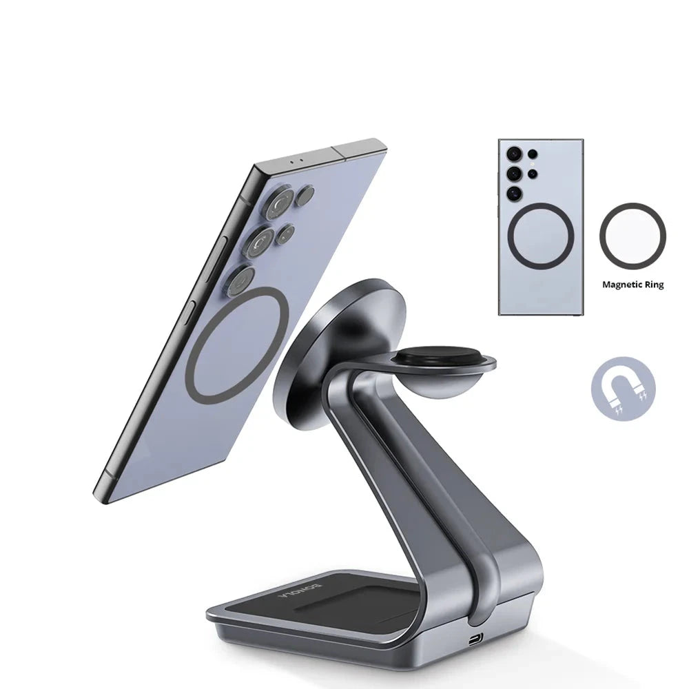 Bonola 3-in-1 Wireless Charger Station mit 25W Schnellladung für Samsung Smartphone, Galaxy Watch und Earbuds. Kabelloses Laden mehrerer Geräte gleichzeitig mit magnetischer Ausrichtung, integriertem Stand und modernem Design – ideal für Schreibtisch oder Nachttisch.