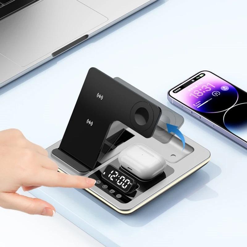 5-in-1 kabellose Ladestation für iPhone, Apple Watch und AirPods mit integriertem Wecker und warmem Nachtlicht. Lädt mehrere Apple-Geräte gleichzeitig, spart Platz und sorgt für Ordnung auf Schreib- oder Nachttisch. Modern, kompakt und einfach zu bedienen.