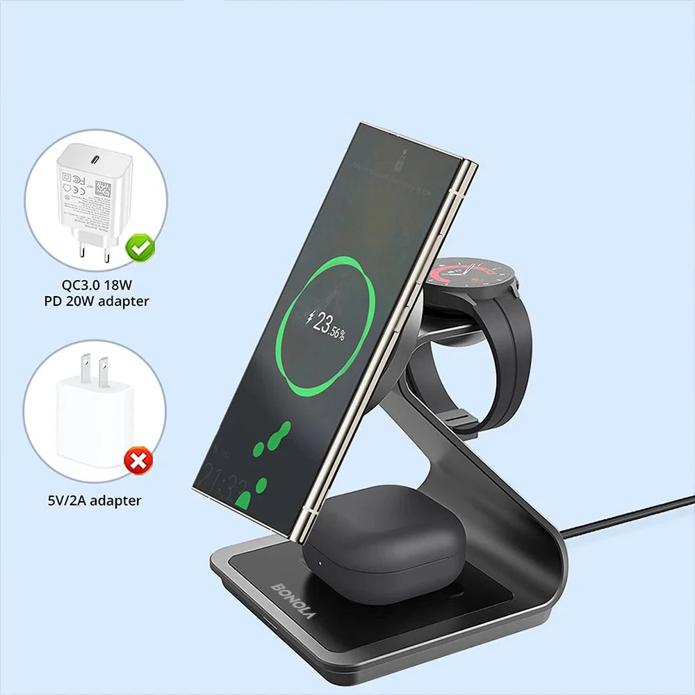Bonola 3-in-1 Wireless Charger Station mit 25W Schnellladung für Samsung Smartphone, Galaxy Watch und Earbuds. Kabelloses Laden mehrerer Geräte gleichzeitig mit magnetischer Ausrichtung, integriertem Stand und modernem Design – ideal für Schreibtisch oder Nachttisch.