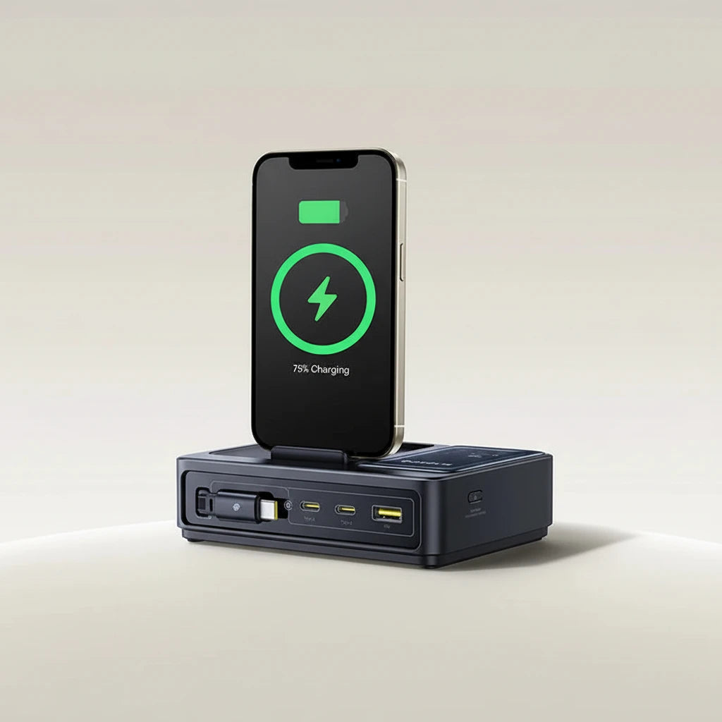 Baseus Nomos 140W GaN Desktop Charger mit PD 3.1 Schnellladetechnologie zum gleichzeitigen Laden von Laptop, Tablet und Smartphone. 5-in-1 Ladegerät mit 15W Qi2 Wireless Charging, einziehbarem USB-C Kabel und intelligenter Leistungssteuerung – ideal für Büro, Homeoffice und modernes Multi-Device-Setup.