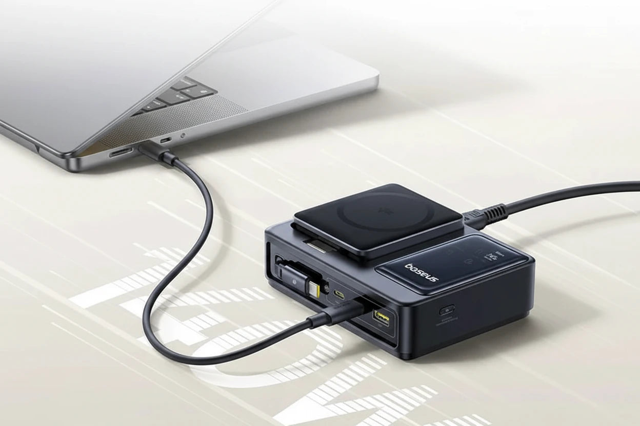 Baseus Nomos 140W GaN Desktop Charger mit PD 3.1 Schnellladetechnologie zum gleichzeitigen Laden von Laptop, Tablet und Smartphone. 5-in-1 Ladegerät mit 15W Qi2 Wireless Charging, einziehbarem USB-C Kabel und intelligenter Leistungssteuerung – ideal für Büro, Homeoffice und modernes Multi-Device-Setup.