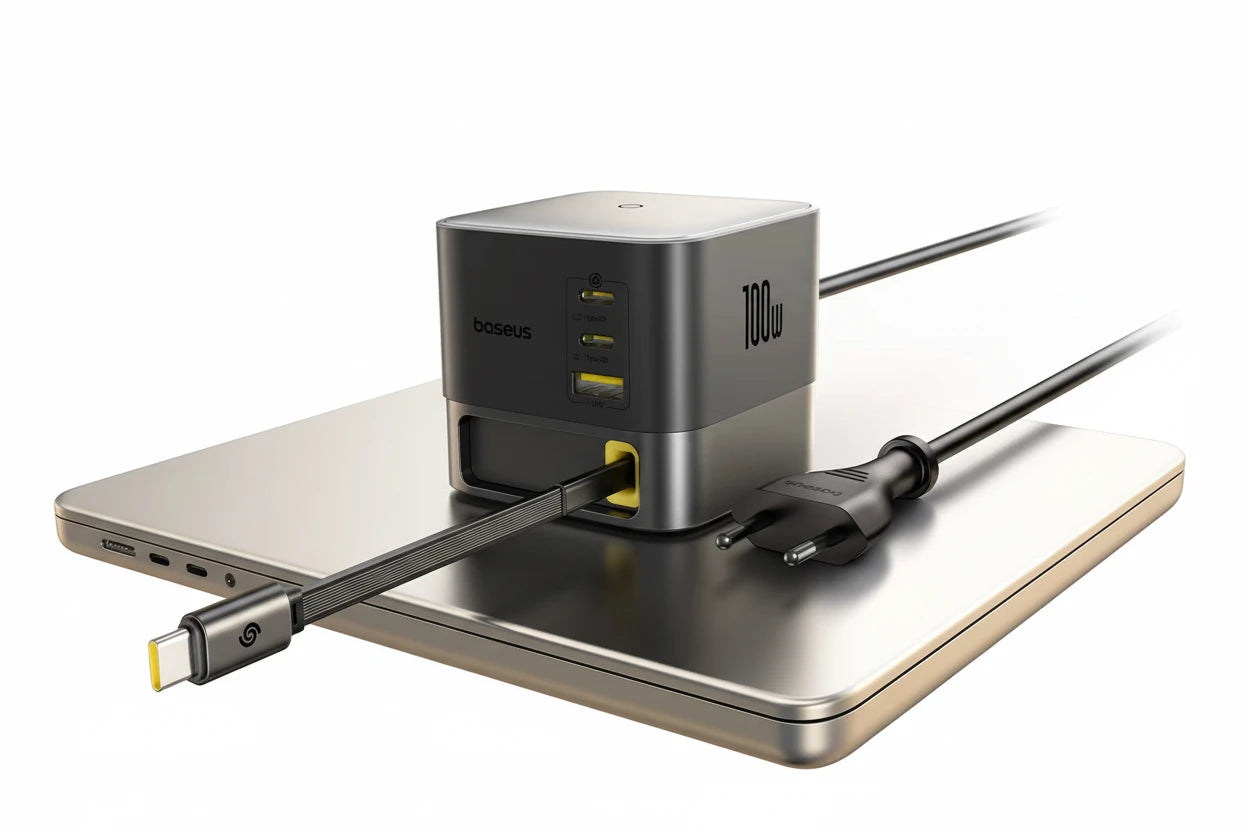 Baseus 100W GaN Desktop Ladegerät – leistungsstarkes USB-C Schnellladegerät für Laptop, Tablet und Smartphone mit integriertem Kabel.
