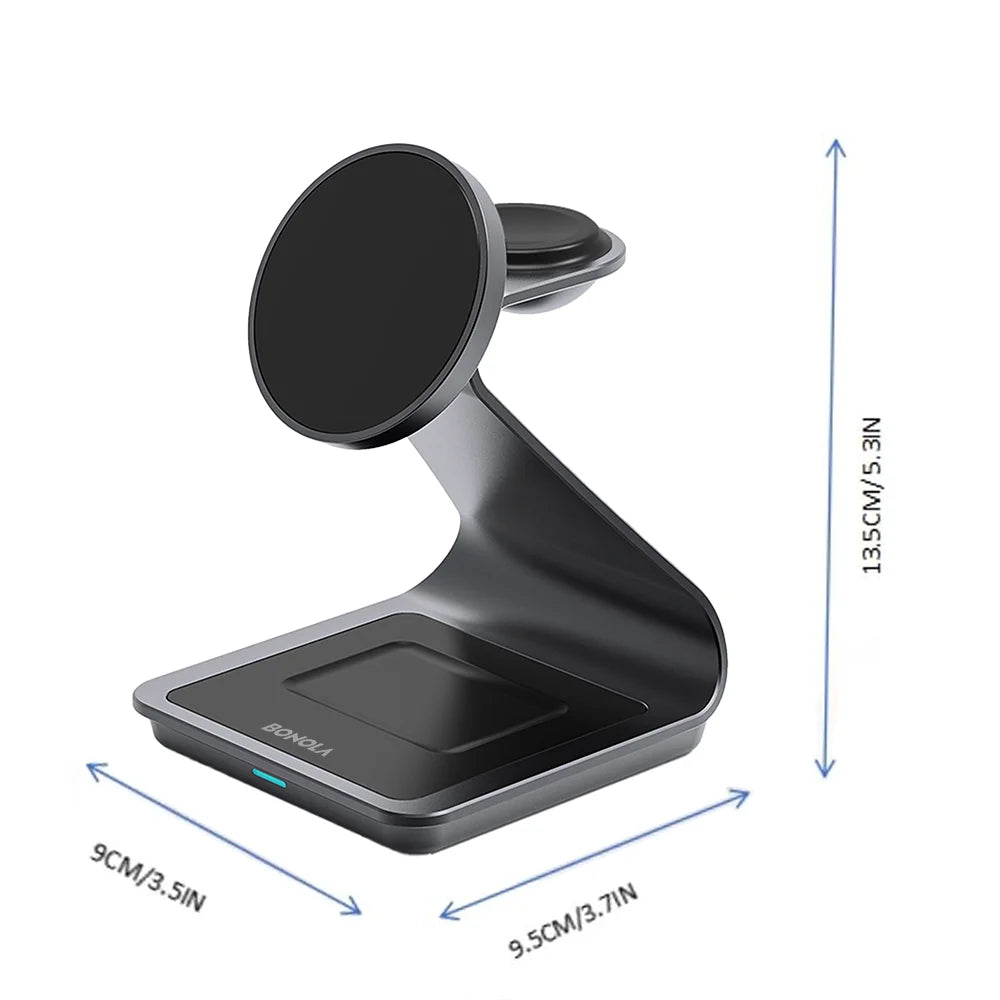 Bonola 3-in-1 Wireless Charger Station mit 25W Schnellladung für Samsung Smartphone, Galaxy Watch und Earbuds. Kabelloses Laden mehrerer Geräte gleichzeitig mit magnetischer Ausrichtung, integriertem Stand und modernem Design – ideal für Schreibtisch oder Nachttisch.