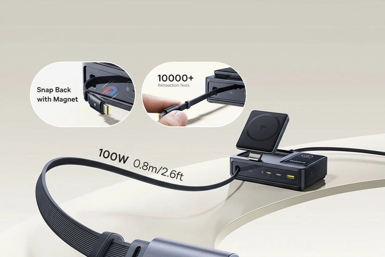 Baseus Nomos 140W GaN Desktop Charger mit PD 3.1 Schnellladetechnologie zum gleichzeitigen Laden von Laptop, Tablet und Smartphone. 5-in-1 Ladegerät mit 15W Qi2 Wireless Charging, einziehbarem USB-C Kabel und intelligenter Leistungssteuerung – ideal für Büro, Homeoffice und modernes Multi-Device-Setup.