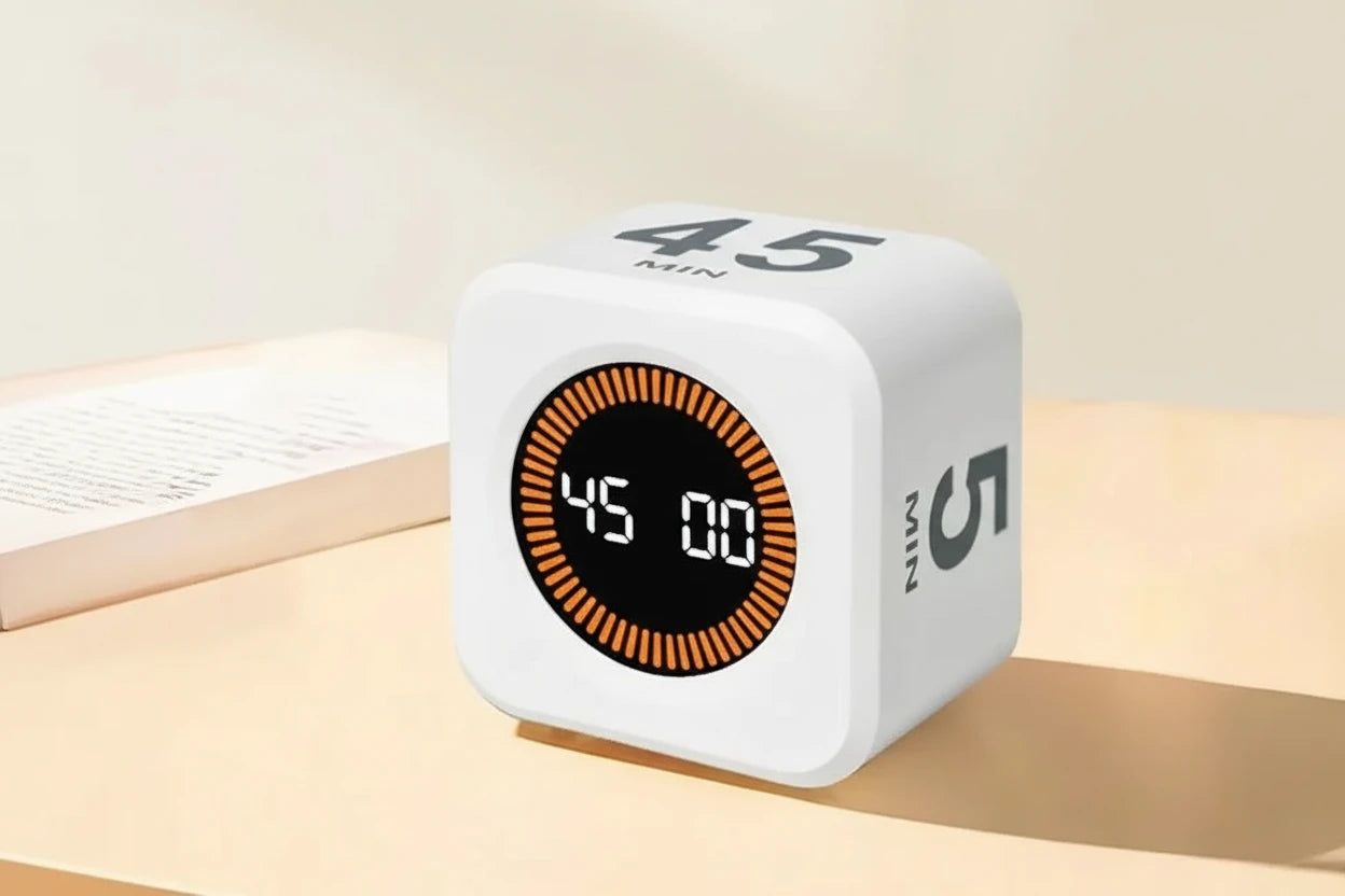 Smarter Cube Timer – mehr Fokus und Struktur im Home Office
Mit diesem praktischen Cube Timer organisierst du deine Arbeitszeit ganz einfach. Durch Drehen startest du sofort voreingestellte Zeiten wie 5, 10 oder 25 Minuten – perfekt für produktives Arbeiten und effektives Zeitmanagement. Ideal für Home Office, Lernen und konzentrierte Work Sessions.