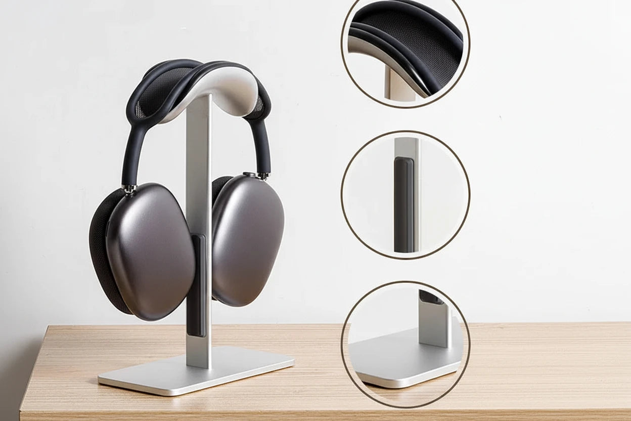 Eleganter Kopfhörerständer aus Aluminiumlegierung für sichere Aufbewahrung von Over-Ear-Headsets wie AirPods Max. Stabiler Desktop-Stand mit rutschfesten Silikonpads – ideal für Schreibtisch, Gaming-Setup oder Homeoffice