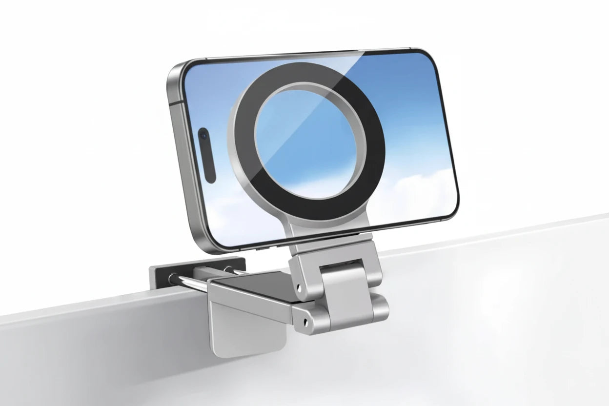 Kompakter magnetischer Handyhalter für Reisen mit MagSafe-Befestigung und 360° verstellbarem Winkel. Ideal für Flugzeug, Zug oder Büro – ermöglicht freihändiges Streamen, Arbeiten oder Videoanrufe unterwegs.