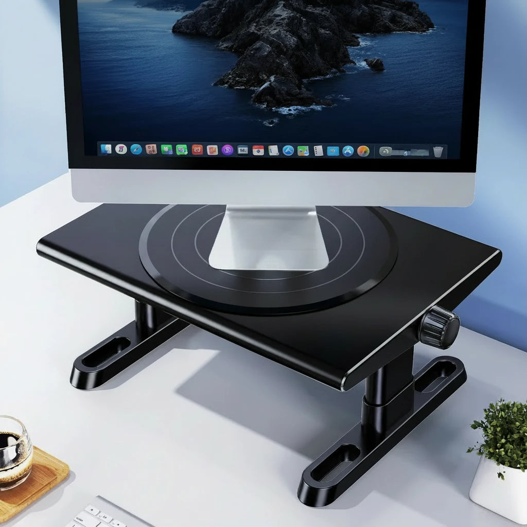 Flexibler Monitorständer für den Schreibtisch mit 360° Rotation und stufenloser Höhenverstellung für eine ergonomische Bildschirmposition und mehr Komfort beim Arbeiten, Lernen oder Gaming. Er lässt sich individuell anpassen, unterstützt eine gesunde Körperhaltung und reduziert Nackenbelastung. Die stabile Konstruktion sorgt für sicheren Halt von Monitor, Laptop oder TV-Geräten, während das kompakte Design ideal für einen aufgeräumten Arbeitsplatz im Homeoffice oder Büro ist.