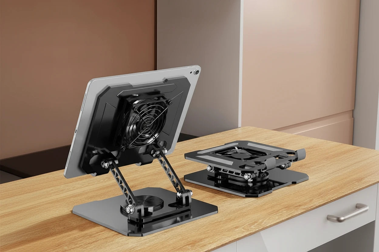 Rotierbarer Laptop- und Tabletständer mit integriertem Lüfter für ergonomisches Arbeiten und effektive Kühlung. Klappbarer 360° Notebook-Ständer aus stabilem Carbonstahl – ideal für Homeoffice, Büro oder unterwegs.