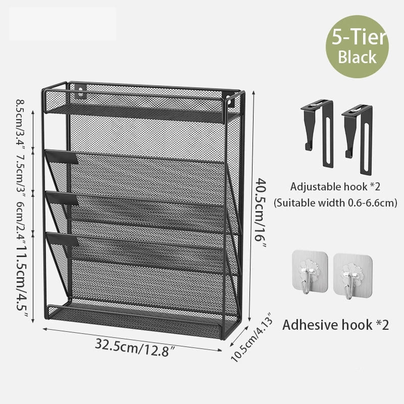 5-Tier Dokumentenorganizer aus stabilem Metall-Mesh für Büro und Homeoffice. Platzsparende Briefablage mit vertikalem Design für strukturierte Aufbewahrung von Dokumenten, Ordnern und Unterlagen – freistehend oder zur Wandmontage geeignet.