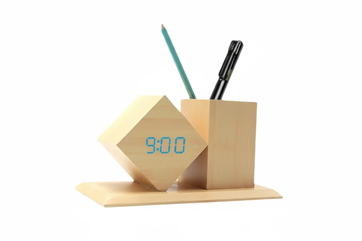 Moderne Holz-Digitaluhr mit integriertem Stiftehalter für mehr Ordnung auf dem Schreibtisch. Das 3-in-1 Design kombiniert LED-Uhr, Organizer und Stiftehalter in einem platzsparenden Gehäuse. Mit USB- oder Batteriebetrieb, natürlicher Holzoptik und praktischer Aufbewahrung ist sie ideal für Homeoffice, Büro oder Arbeitszimmer.
