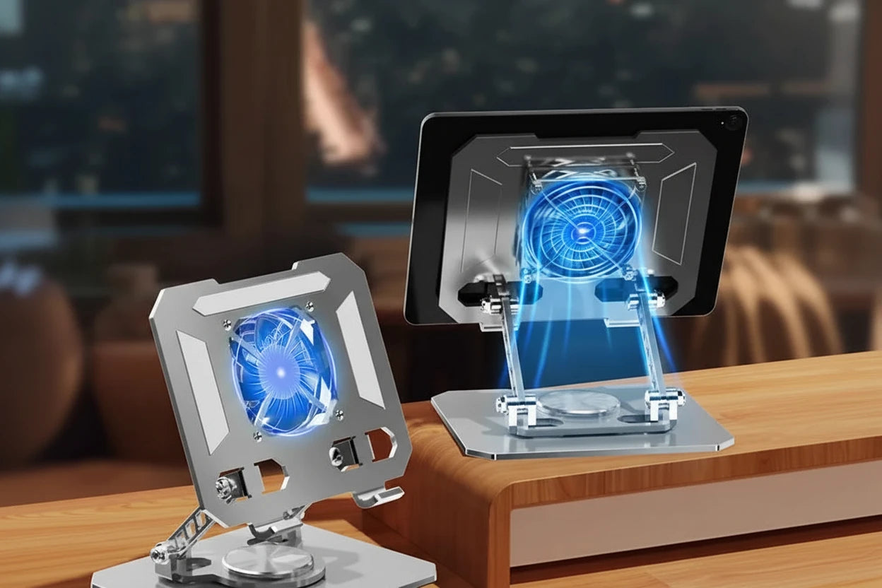 Rotierbarer Laptop- und Tabletständer mit integriertem Lüfter für ergonomisches Arbeiten und effektive Kühlung. Klappbarer 360° Notebook-Ständer aus stabilem Carbonstahl – ideal für Homeoffice, Büro oder unterwegs.