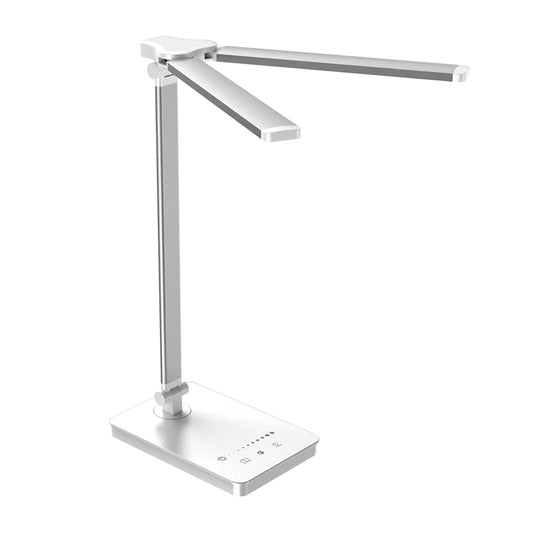 Dual-Head LED Schreibtischlampe mit flexiblem 180° Schwenkarm, 5 Farbmodi und 10 Helligkeitsstufen für optimale Arbeitsplatzbeleuchtung. Augenschonendes Licht, Touch-Steuerung und USB-Ladeports – ideal für Büro, Homeoffice, Studium oder Lesen.
