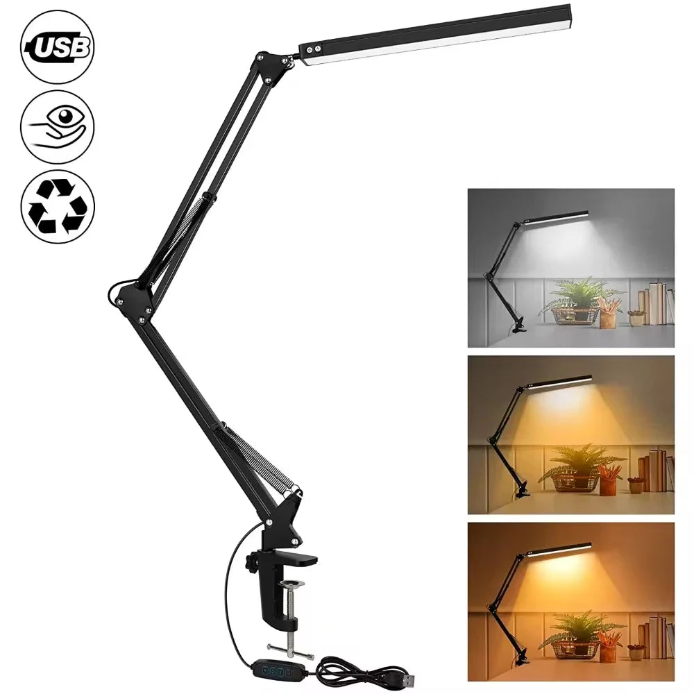 LED Schreibtischlampe mit Klemme & USB-Anschluss – Flexible, flimmerfreie Arbeitsplatzlampe mit 3 Lichtmodi und 10 Helligkeitsstufen. 360° drehbar, platzsparend befestigt und ideal für Homeoffice, Lesen, Nähen oder präzises Arbeiten am Schreibtisch.