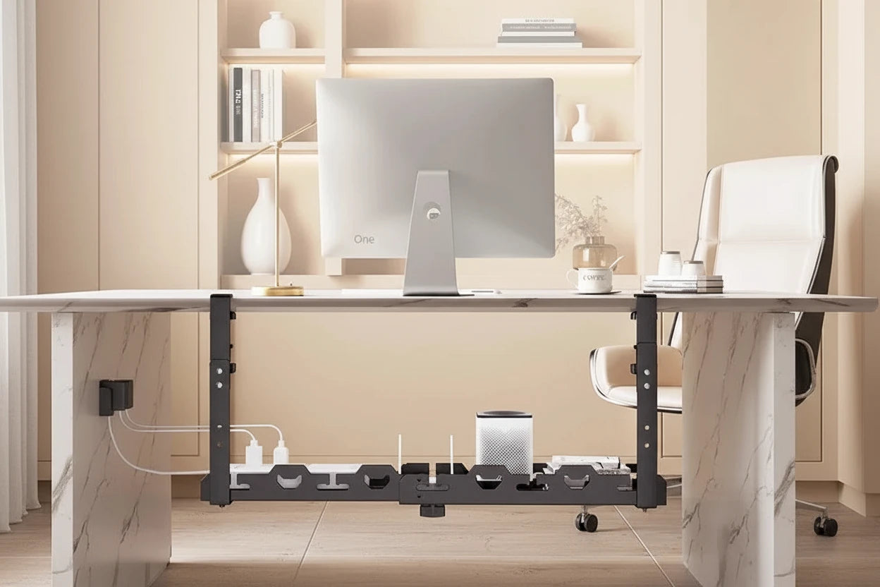 Untertisch-Kabelablage aus Metall für sauberes Kabelmanagement – Stabile, bohrfreie Lösung zur Organisation von Kabeln und Steckdosenleisten im Homeoffice oder Büro. Robuste Metallkonstruktion, einfache Montage und mehr Ordnung unter dem Schreibtisch für ein professionelles Setup.