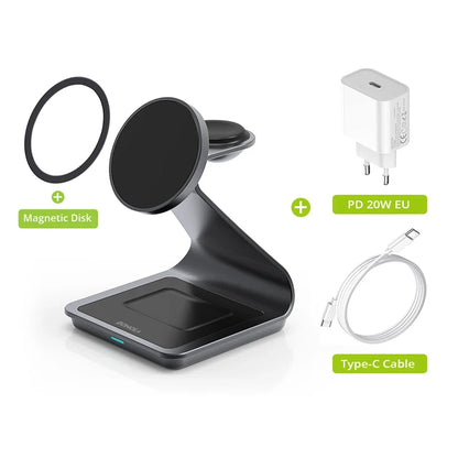 Bonola 3-in-1 Wireless Charger Station mit 25W Schnellladung für Samsung Smartphone, Galaxy Watch und Earbuds. Kabelloses Laden mehrerer Geräte gleichzeitig mit magnetischer Ausrichtung, integriertem Stand und modernem Design – ideal für Schreibtisch oder Nachttisch.