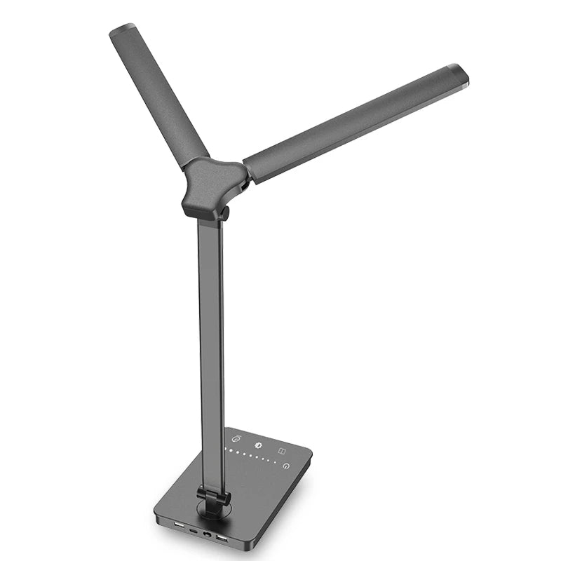 Dual-Head LED Schreibtischlampe mit flexiblem 180° Schwenkarm, 5 Farbmodi und 10 Helligkeitsstufen für optimale Arbeitsplatzbeleuchtung. Augenschonendes Licht, Touch-Steuerung und USB-Ladeports – ideal für Büro, Homeoffice, Studium oder Lesen.