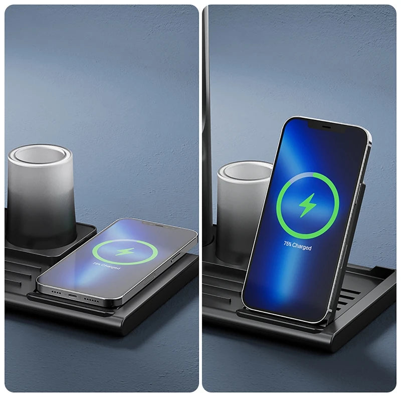 Schreibtischlampe mit Wireless Charging – mehr Komfort im Home Office
Diese smarte LED Lampe vereint Beleuchtung, kabelloses Laden und Organisation in einem modernen Design. Dank verstellbarem Licht, Smartphone-Halterung und integriertem Ladegerät ist sie perfekt für einen produktiven und aufgeräumten Arbeitsplatz im Home Office.