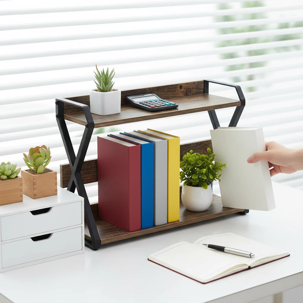  2-stöckiger Tisch-Organizer für mehr Ordnung und zusätzlichen Stauraum auf dem Schreibtisch im Büro oder Homeoffice. Die stabile Kombination aus Carbonstahl und MDF bietet Platz für Drucker, Dokumente, Bücher und Zubehör, während das offene Design schnellen Zugriff ermöglicht. Platzsparend, langlebig und ideal für einen strukturierten, funktionalen Arbeitsplatz.