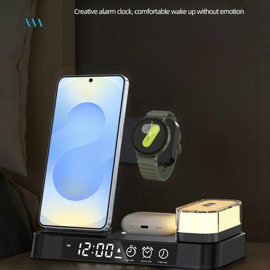 5-in-1 kabellose Ladestation für Samsung Galaxy Watch, Galaxy Smartphones, Galaxy Buds und iPhone 15/16. Mit digitalem Wecker, 5-Farben-Nachtlicht, tragbarem, faltbarem Design und einfachem kabellosen Laden – perfekt für Zuhause, Büro oder unterwegs.